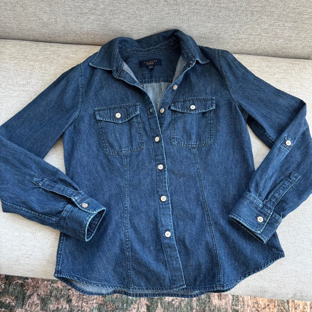 Talbots Denim Button Down Shirt Size 6 Dark Wash Fall Utility Western Cowgirl